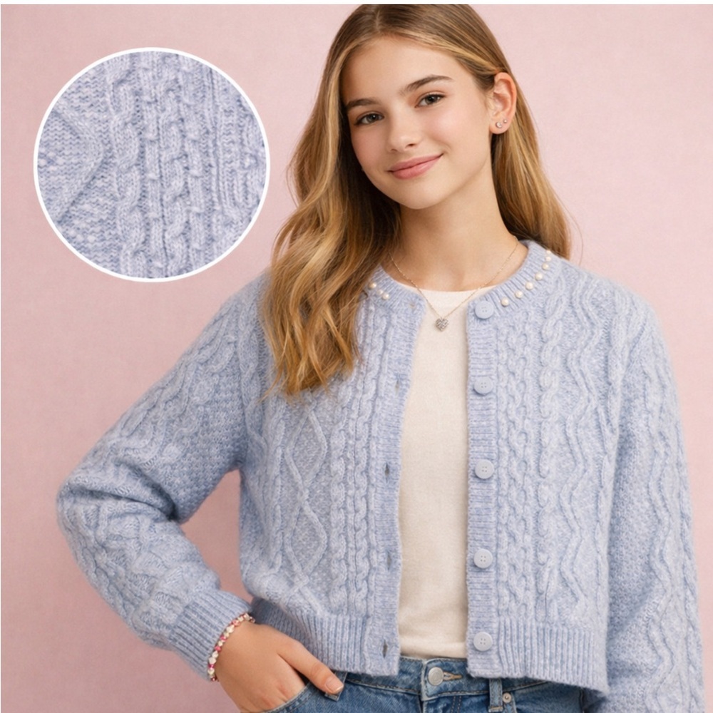 Zara Girls Blue Cable Knit Cardigan Sweater Size 13–14 (164 cm) Preppy Cozy